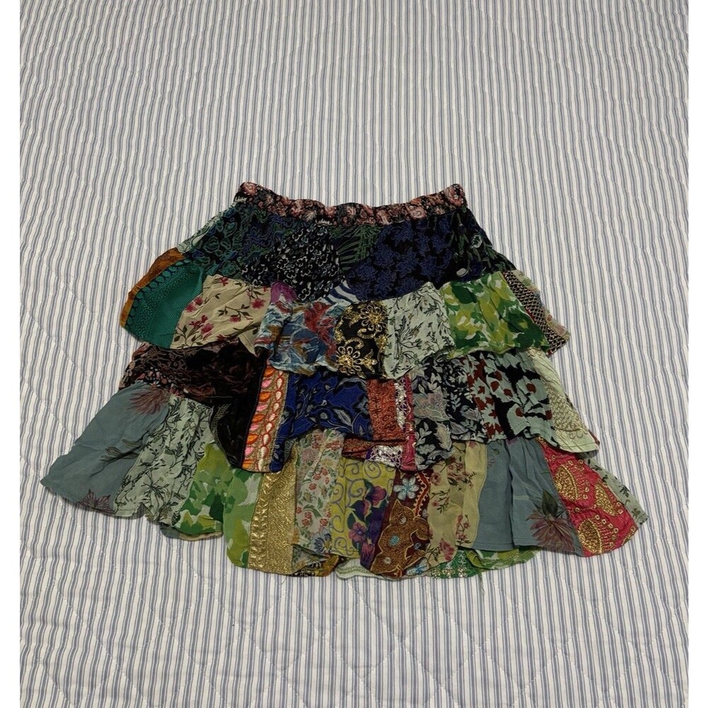 Young Threads Patchwork Tiered Mini Skirt Womens Small Boho Festival Gypsy